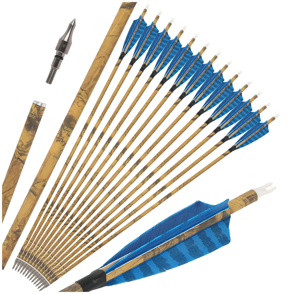 12PCS 30inch Archery Carbon Arrows 4" Natural Feather 500 Spine Removable Tips for Compound Recurve Bow Hunting Target