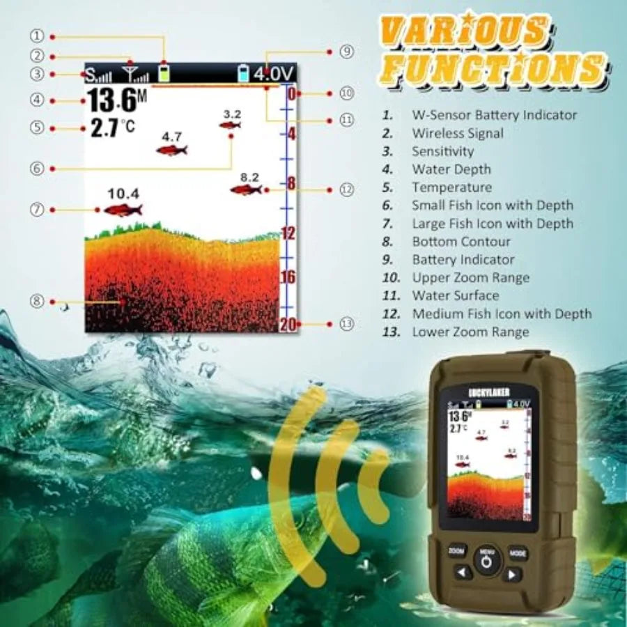 Ice fishing, sea fishing, kayak: wireless handheld fish finder with wired transducer, waterproof portable sonar depth sensor in