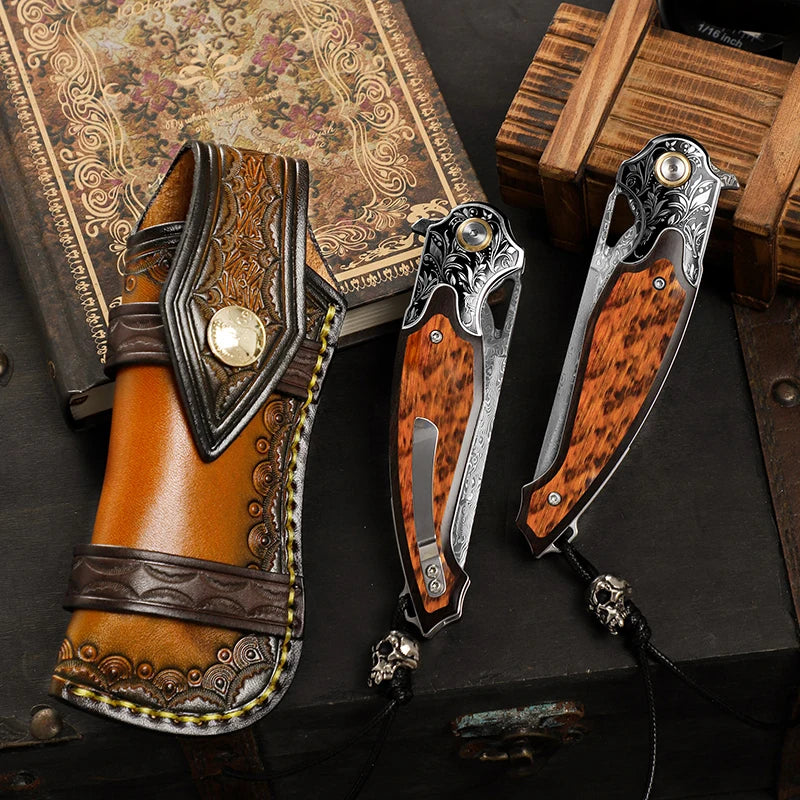 High-quality Damascus steel folding knife, men's everyday carry pocket knife, camping, hiking, hunting pocket EDC utility knife