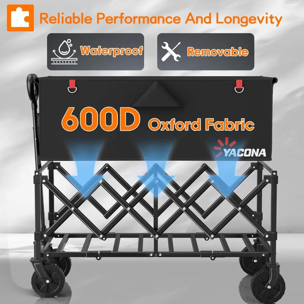35" L Extra Long Foldable Wagon, 360LBS Heavy Duty Collapsible Utility Cart with Wheels for Groceries, Camping, Sports