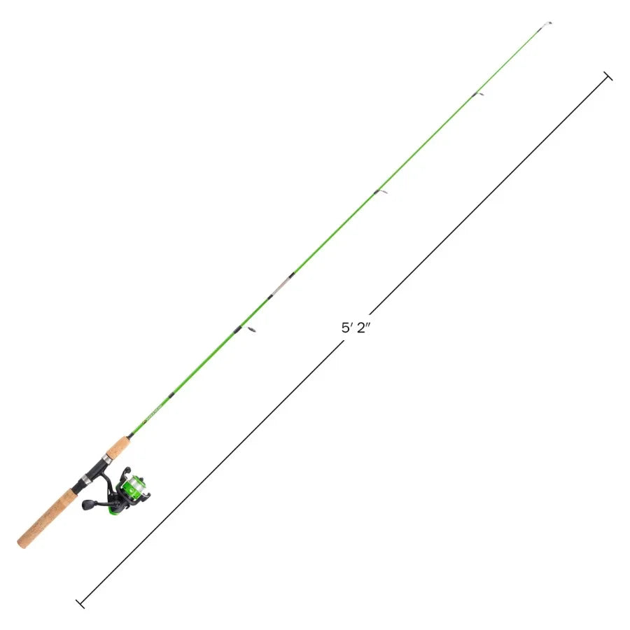Fishing rod and reel combo for freshwater angling, graphite construction, green color, lightweight and sensitive design