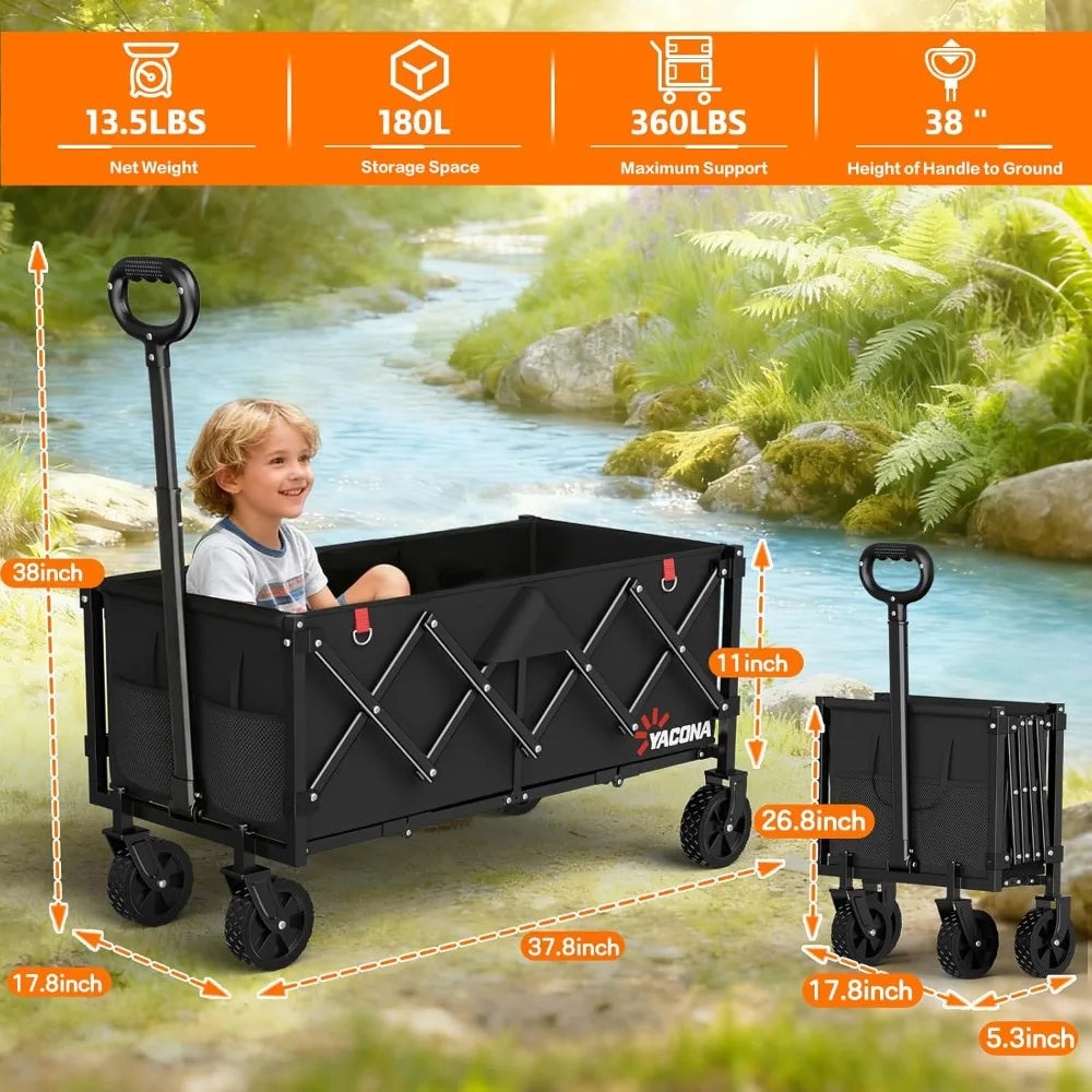35" L Extra Long Foldable Wagon, 360LBS Heavy Duty Collapsible Utility Cart with Wheels for Groceries, Camping, Sports