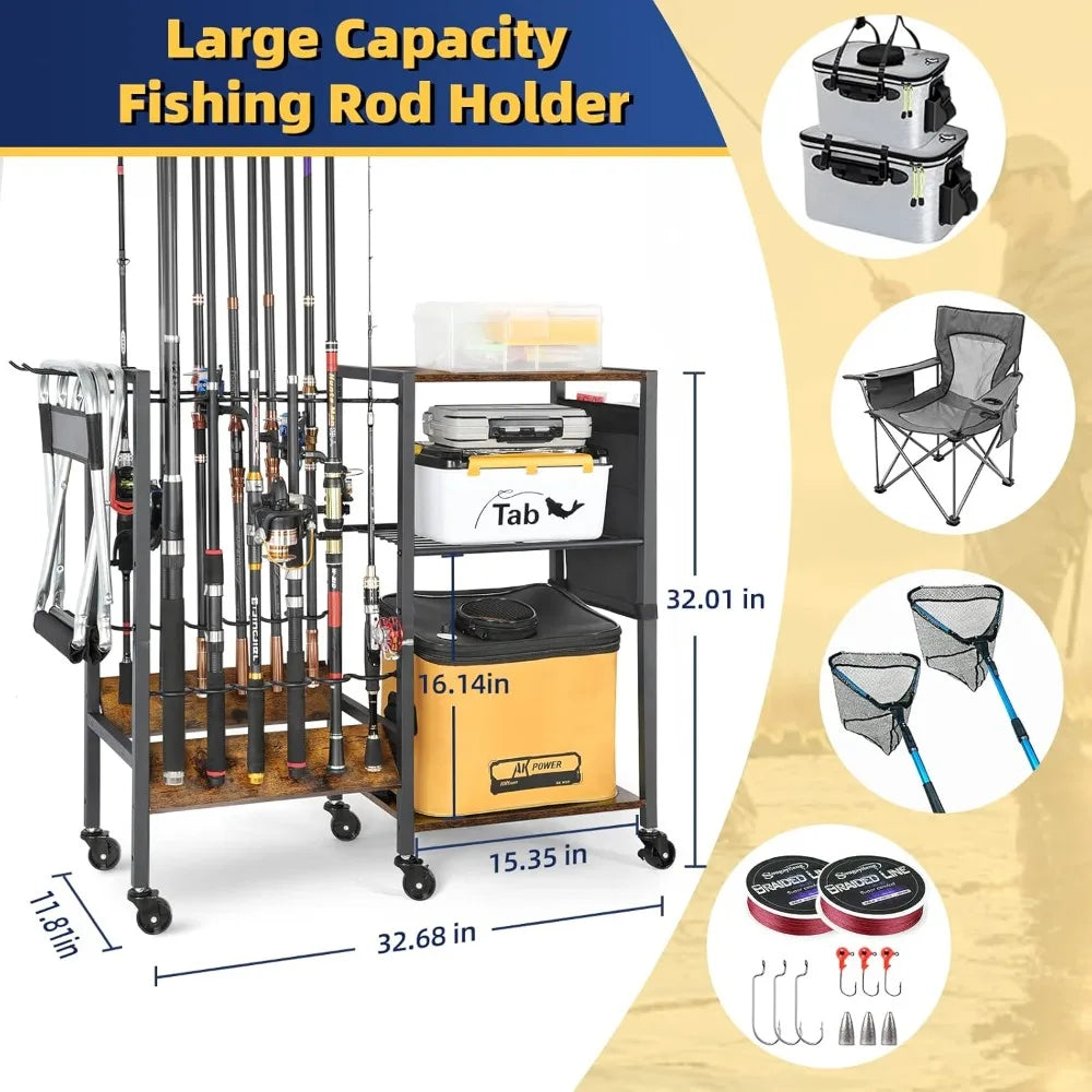 Rolling Fishing Rod Rack for Garage & Boat, Tackle Box & Reel Holder Cart, Easy Assembly Fishing Gear Management, Birthday Gift for Men Dad Anglers