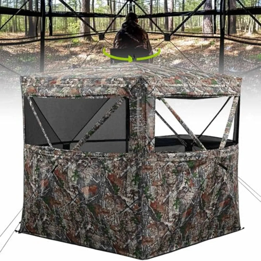 Hunting Blind 360 See Through Ground Blind for Turkey and Deer Hunting, 2-3 Person Pop Up Camouflage Tent