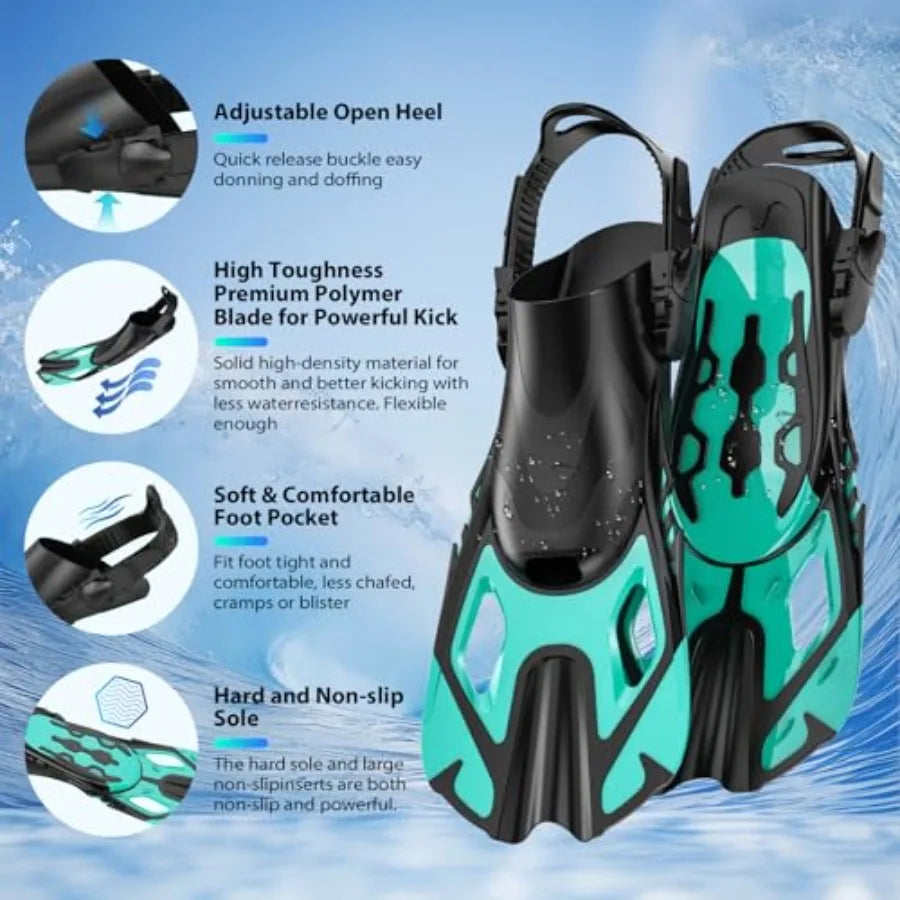 Snorkeling Gear for Adults, Mask Fin Snorkel Set, Dry Top Snorkel, Snorkeling Kit Travel Diving Package, Panoramic View Anti-Fo