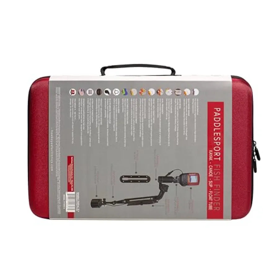 PADDLESPORT fish finder for kayaks and canoes, red ABS plastic housing, high-contrast display, compact waterproof design