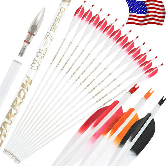 6pcs Archery Pure Carbon Arrows Color Feather Spine 500 Arrow Shaft +/- 0.003 Recurve Compound Bow Hunting Shooting Target Arrow