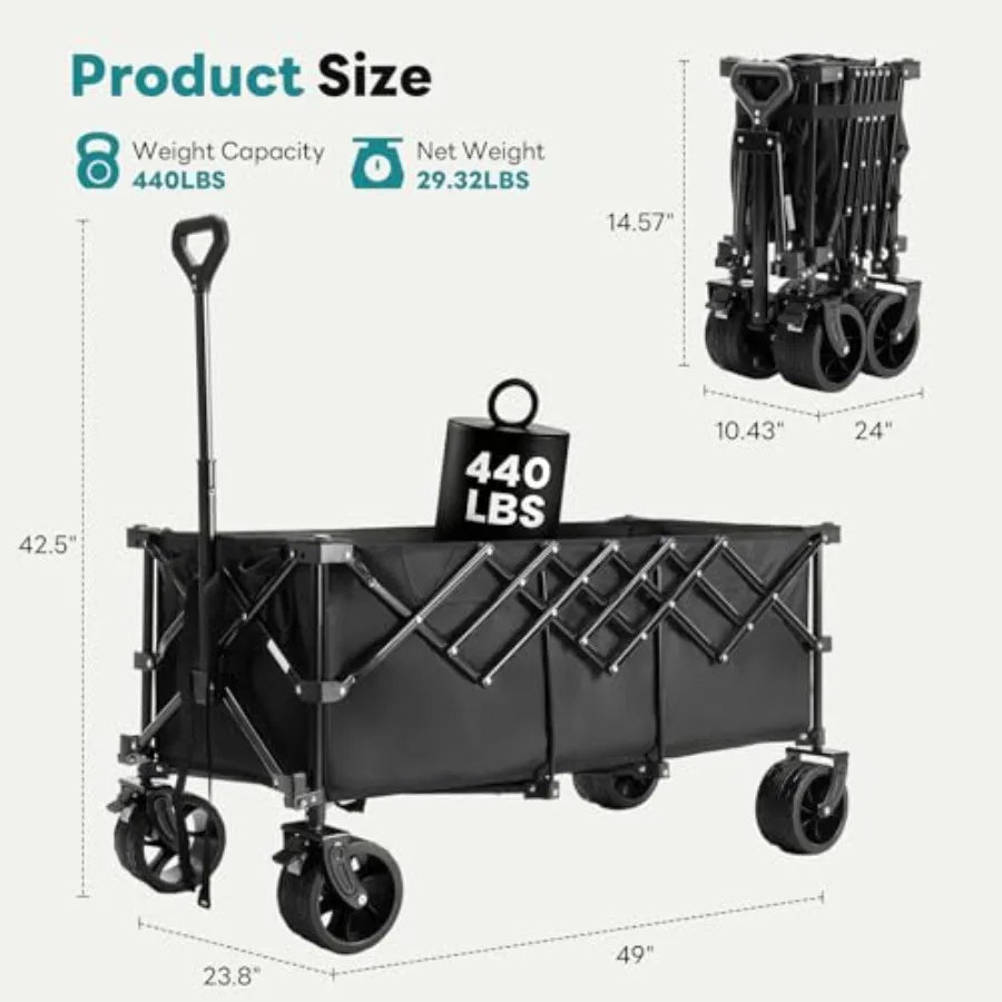 Collapsible Wagon Cart for camping, shopping, sports, beach, garden heavy duty steel, black, 440lbs capacity, 49 extra long fol