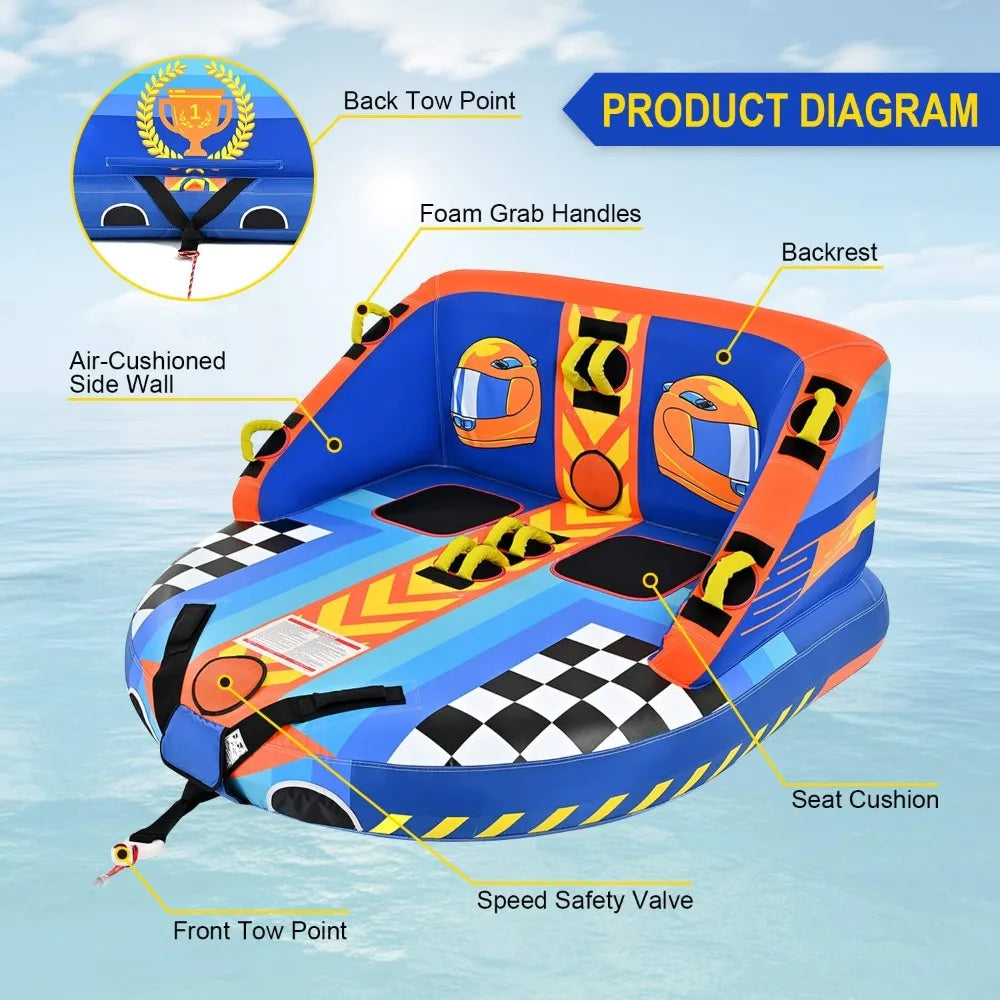 2-Person Inflatable Towable Tube for Boating - Heavy Duty with Dual Tow Points, Nylon Cover