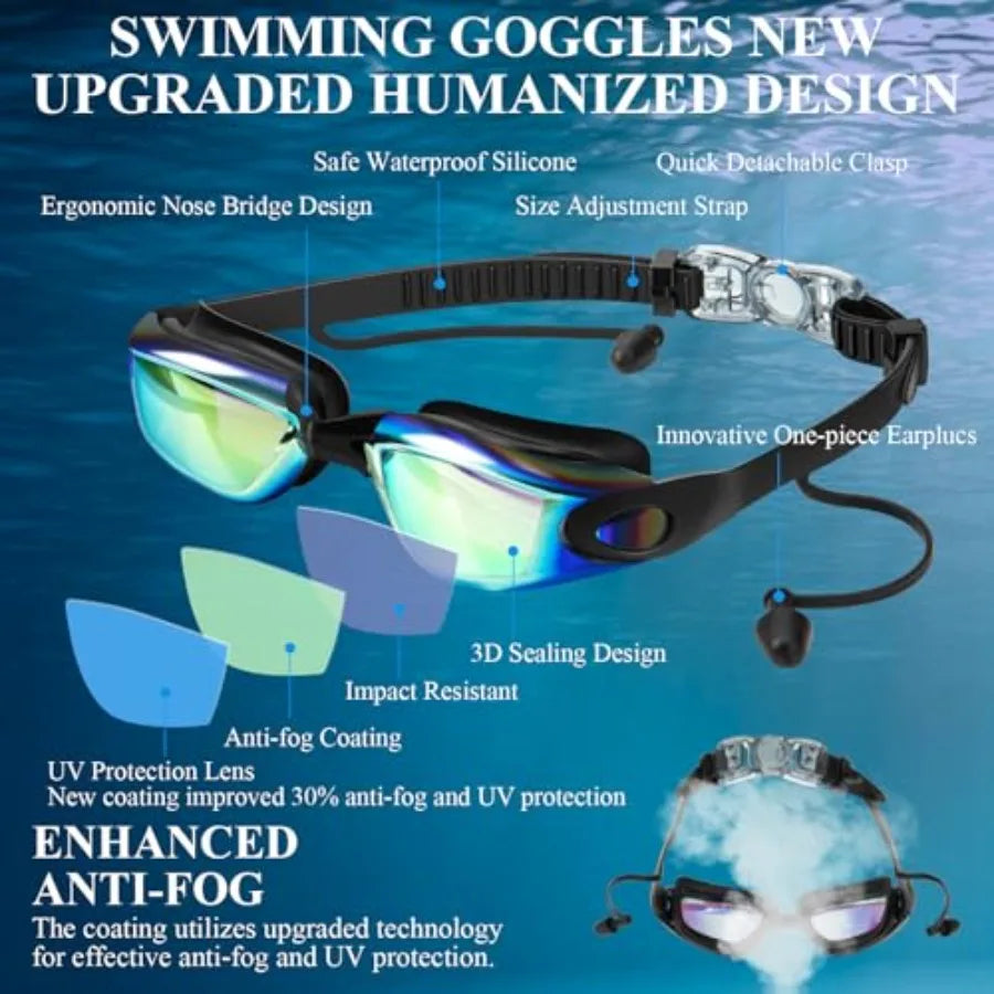 Swim Goggles, Swimming Goggles No Leaking Anti Fog UV Full Protection with Nose Clip Earplugs, Swim Pool Goggles for Adult Men