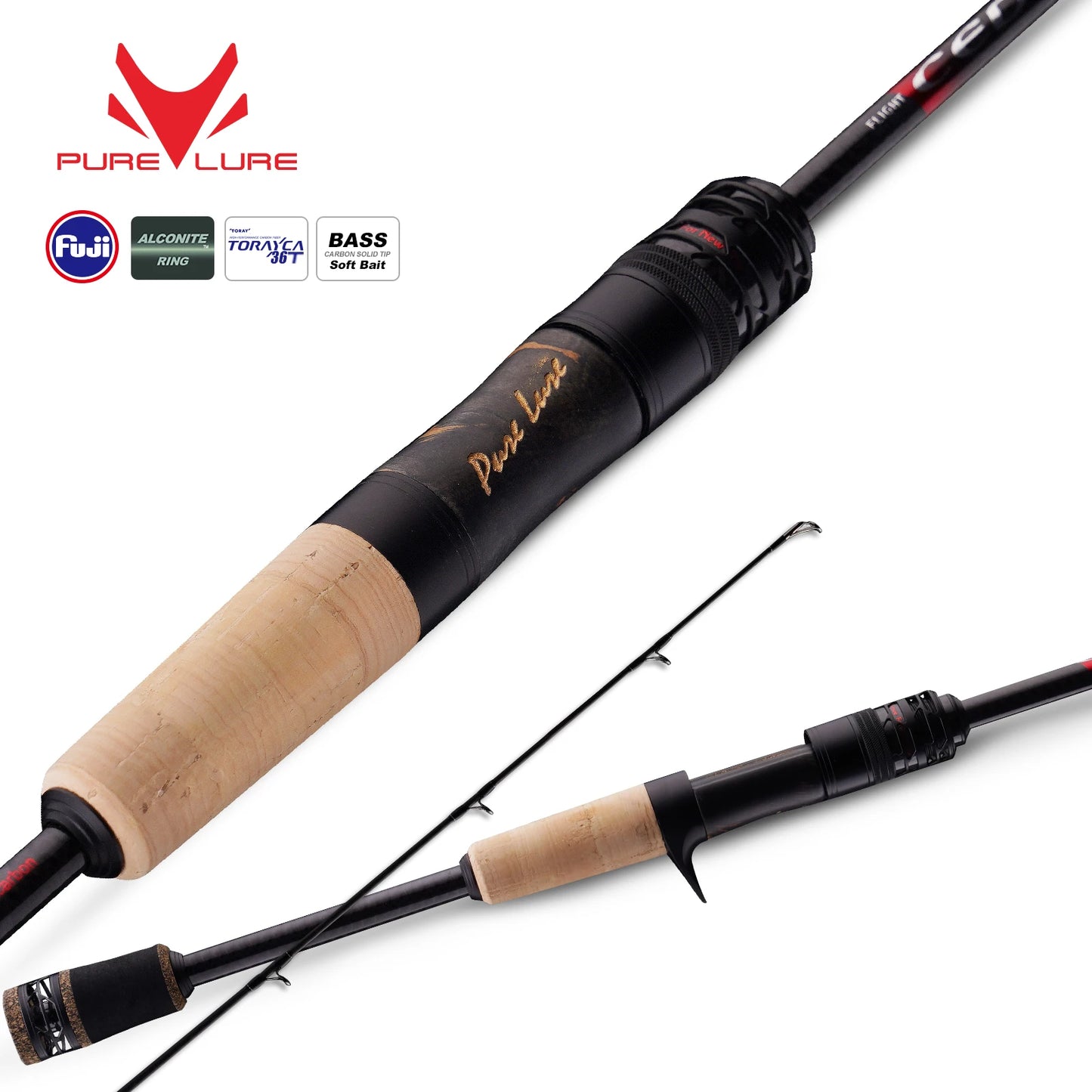 PURELURE Flight CEDAN 5'9''-6'10'' Bass Rod Spinning & Baitcasting 2 pcs 40T+36T Carbon Fiber Progressive Action Fishing Rod L to M Power Solid Tip Dark Oak Reel Seat FUJI Alconite/SIC Guides