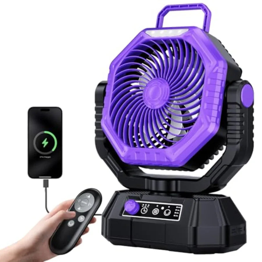 Camping Fan with Light, Remote and Oscillation, Battery Powered Hanging Tent Fan, Rechargeable Portable for Camp, Outdoor, Emer