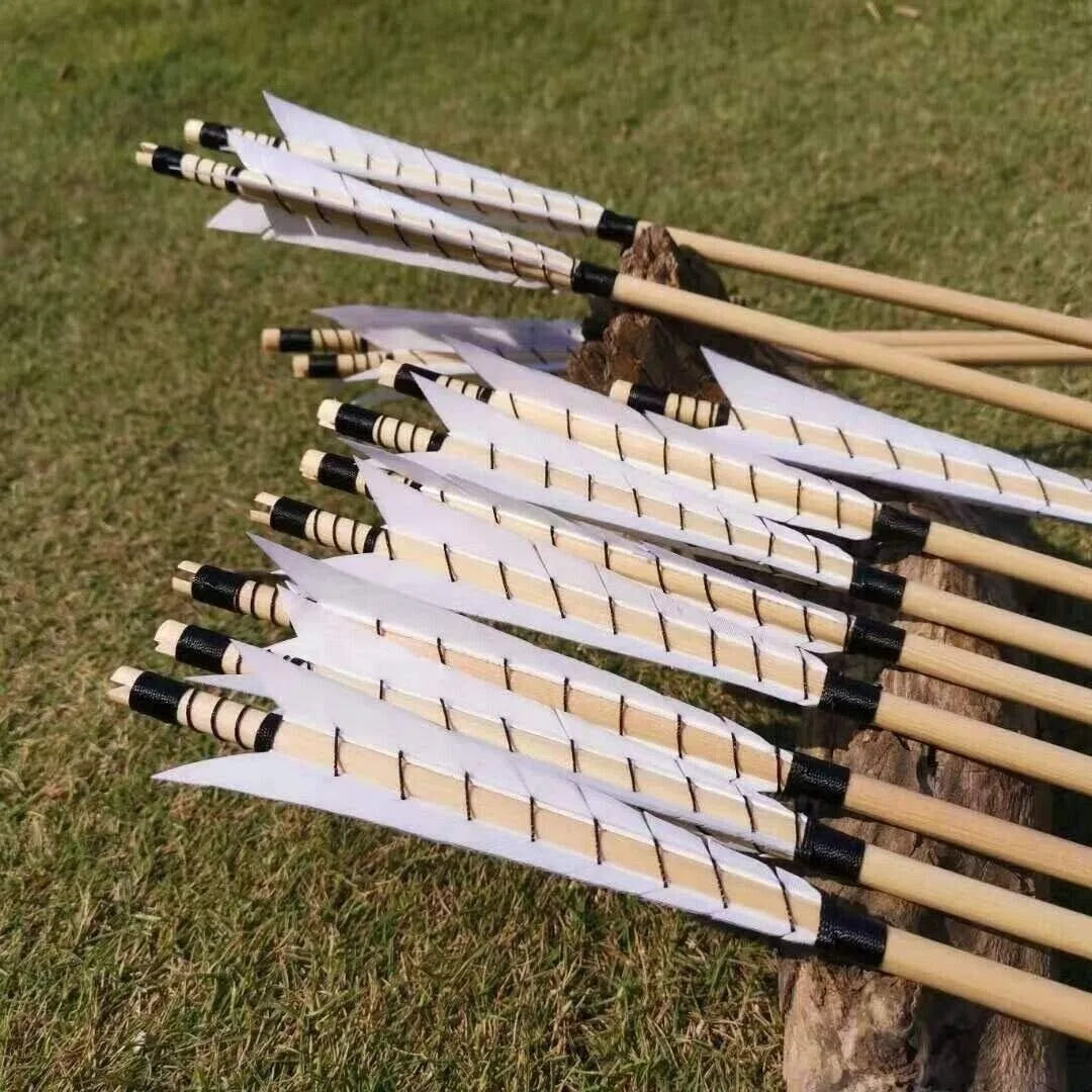 Wooden Arrows 12Pcs, 8mm Shaft with 5" Turkey Feathers, Traditional Arrows for Longbow & Recurve Bow, Ideal for Hunting, Shooting & Target Practice Accessories