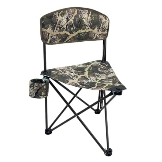 Black Sierra Tri-Lite Folding Stool with Backrest and Cup Holder, Lightweight Portable Hunting Fishing Chair with Carry Strap,