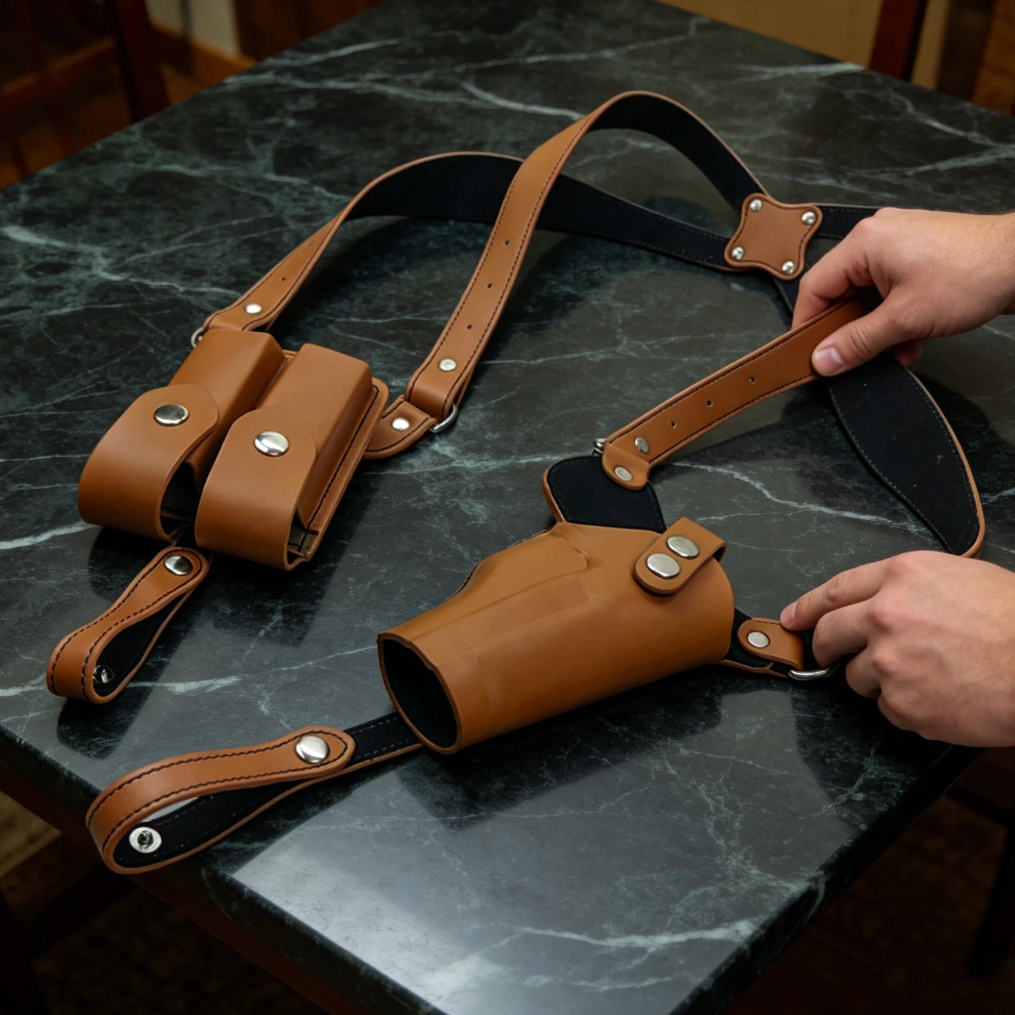 Leather Forearm Hidden Shoulder Holster with Double Mag Fit Adjustable Concealed Carry Gun Holster Fit Most Kinds of Pistols