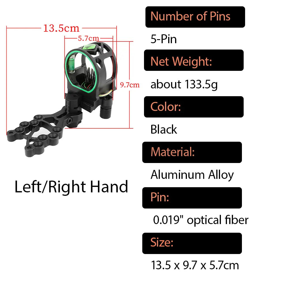 Archery Bow Sight 5 Pins Aluminum Alloy Left Right Hand Adjustable Compound Recurve Bow Sight for Bow and Arrow Accessories