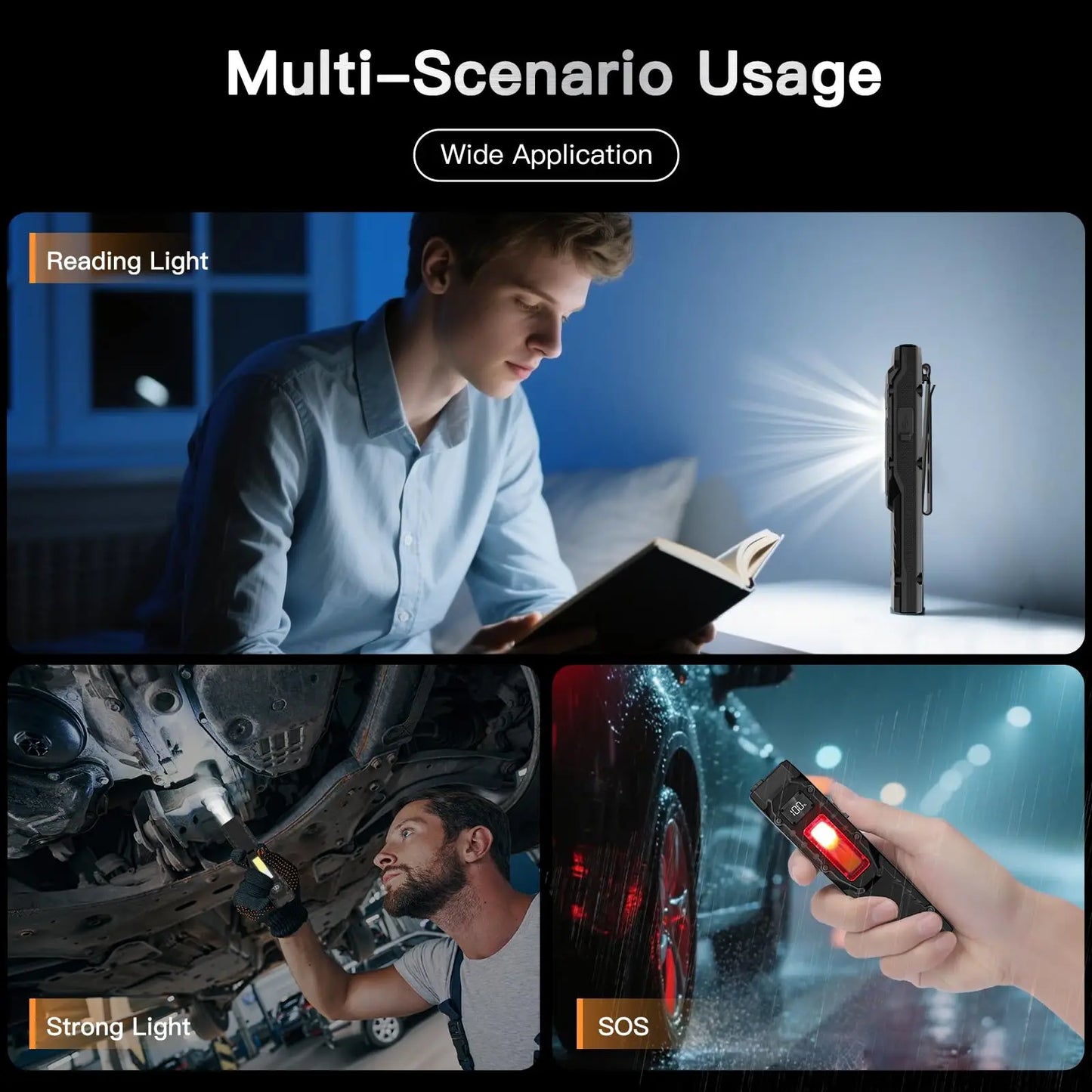USB-C Rechargeable Tactical Flashlight 1500 Lumens Slim Flat Shape Torch with Spotlight Floodlight Strobe Modes Digital Display