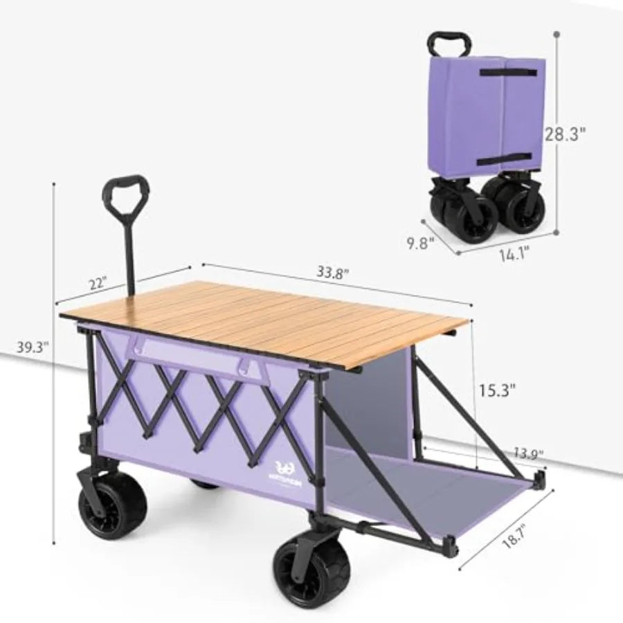Collapsible Wagon with Tailgate Large All-Terrain Wheels Heavy-Duty Folding Utility Cart for Beach Camping Outdoor Use Purple