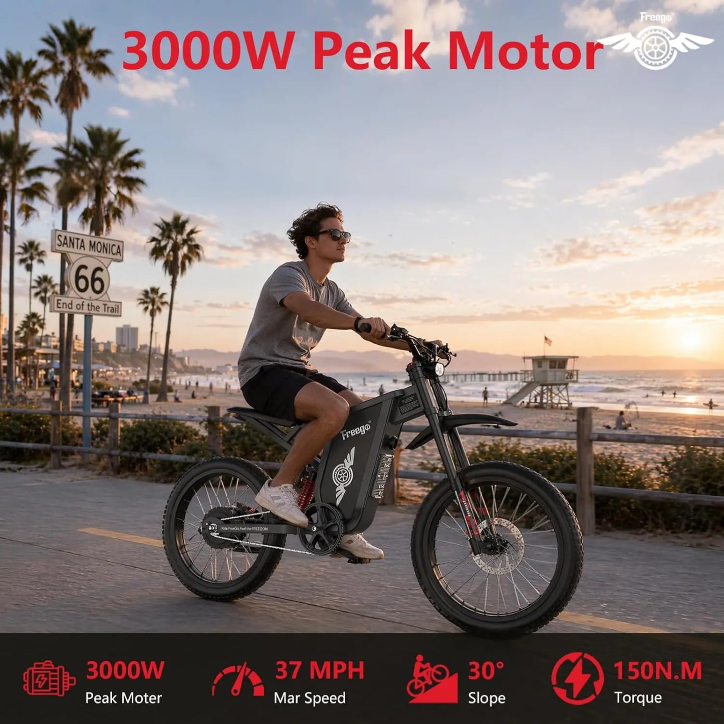 New Freego X1 All-Terrain Electric Dirt Bikes with Pedals 3000W Motor 60V/25Ah Battery Max 37MPH electric bicycle 17x1.6'' Tire