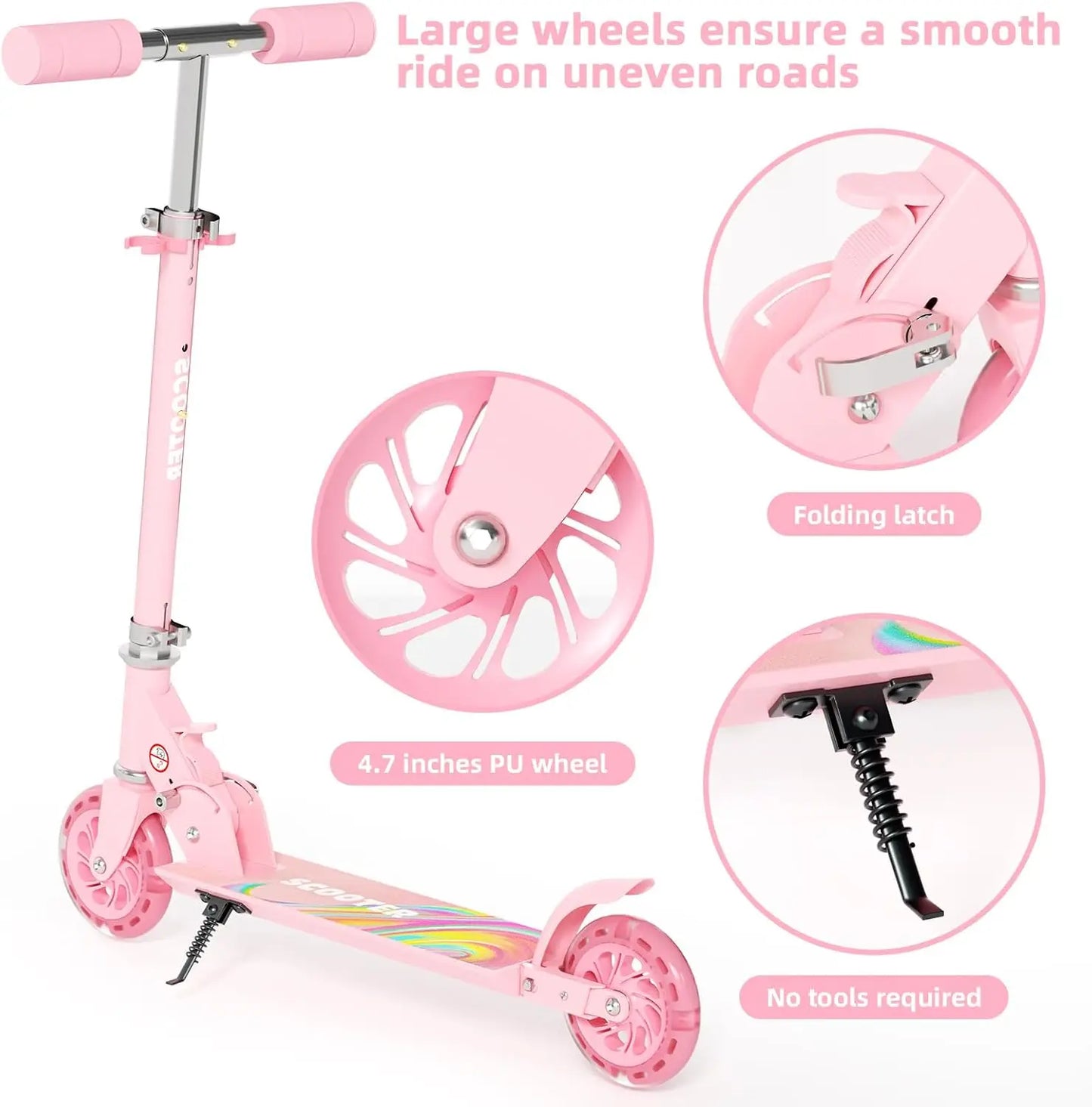 Lightweight Foldable Kick Scooter for Boys Girls Ages 3-8, Two Wheel Scooter Equipped with 3-Level Adjustable Handlebar, Rear Brake & Light-Up ABEC-10 Wheels, Suitable for Kids and Teens Outdoor Sports