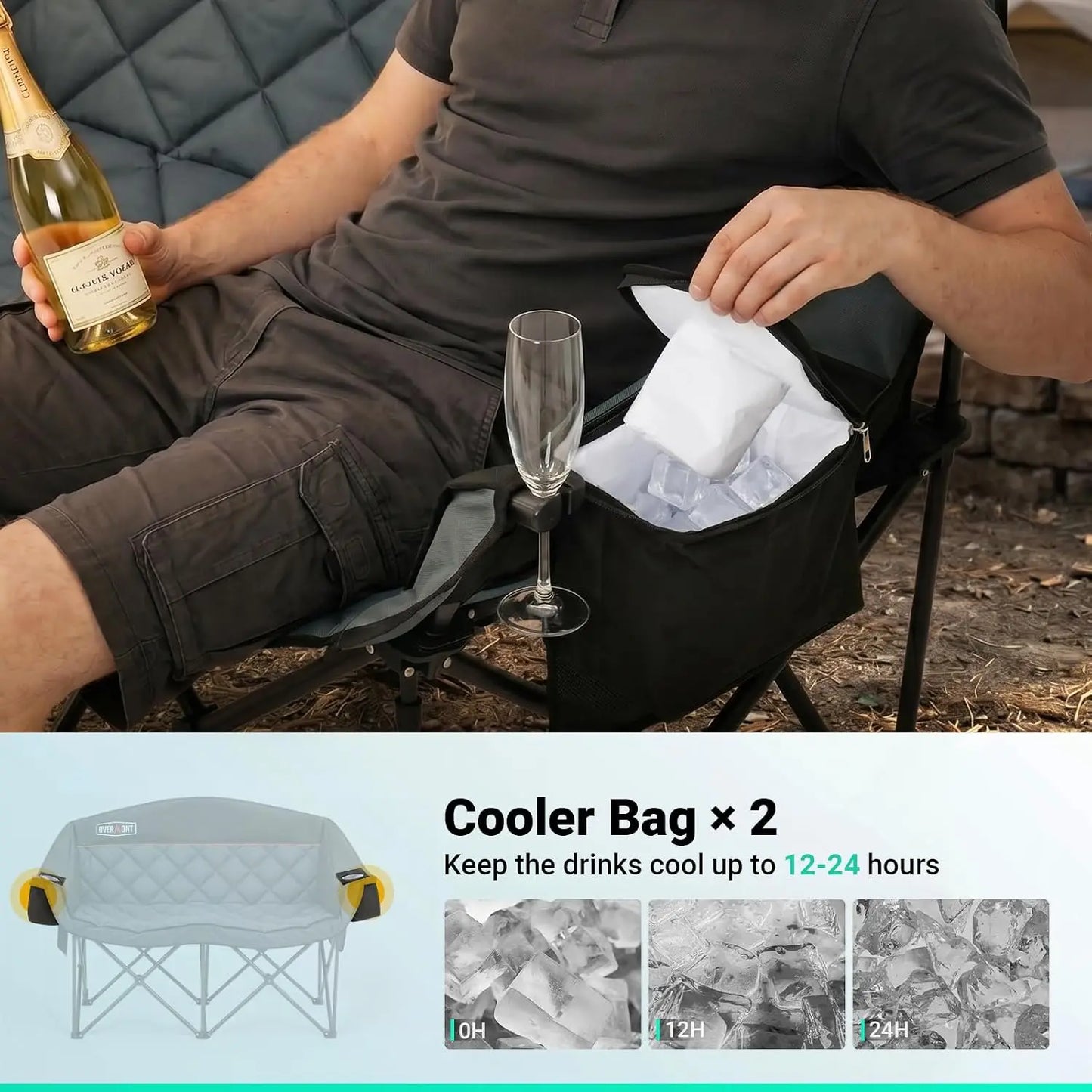 Oversized Double Camping Chair with Cooler Bags, Padded 2 Person Loveseat 850LBS Capacity, Portable Folding for Outdoor Beach Lawn