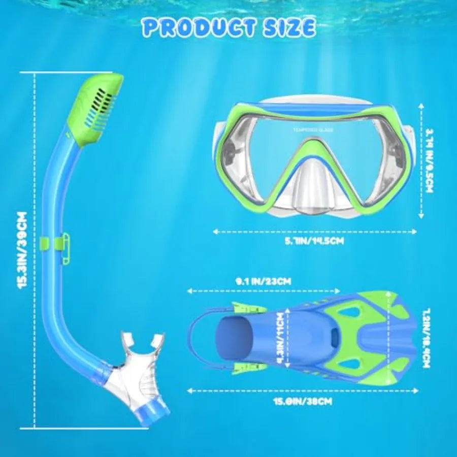 Snorkeling Gear for,Kid Mask Fins Dry Top Snorkel Set, Youth Boys Girls Junior Age 6-14 Swimming Diving Swim Fins, Tempered Gla