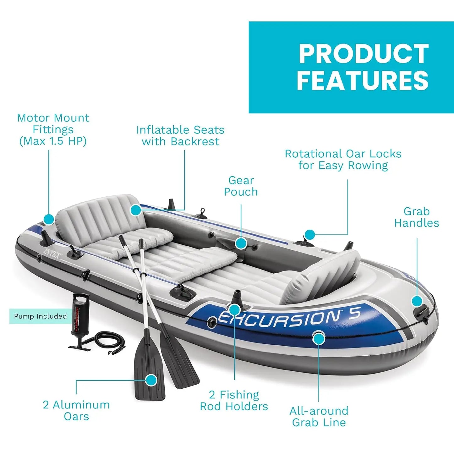 5 Person Inflatable Boat, Fishing River Raft Set with Oars, 1300lb Capacity Portable Blow Up, Custom