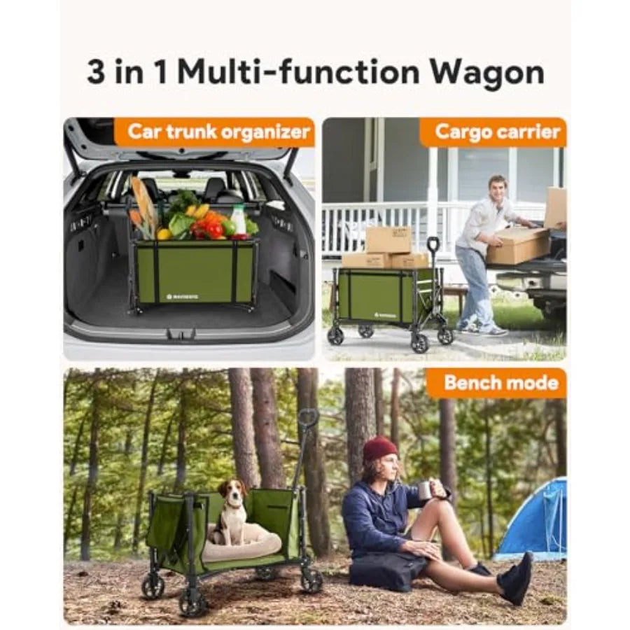 Foldable utility wagon for beach, garden, camping, sports; steel frame, black; 220 lbs capacity, 120L volume, collapsible with