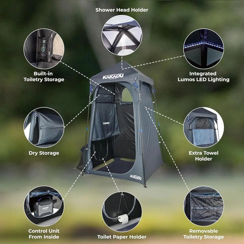 Portable Outdoor Shower Tent with Privacy, Camping Toilet, Changing Room, LED Light, Carry Bag, Towel Rod