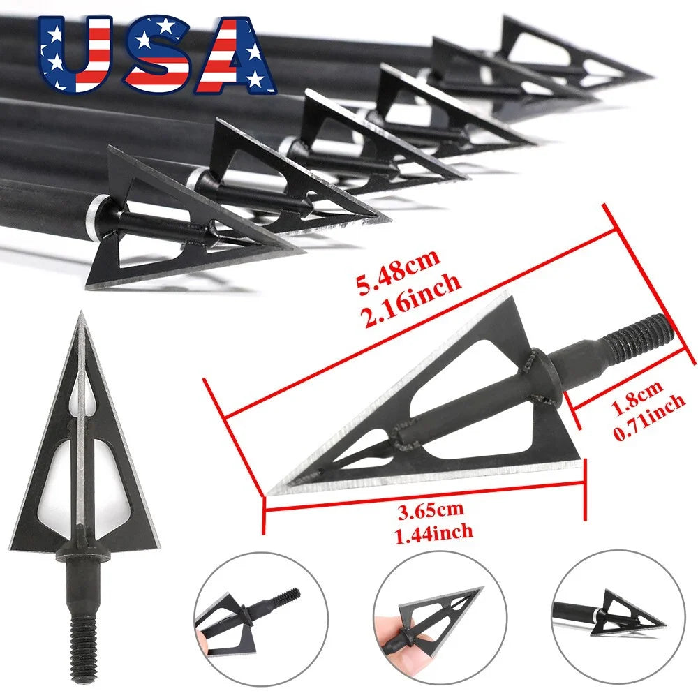 Hunting Broadhead Tips 12pcs 100Grain 3 Fixed Blades Stainless Steel Anti-Rust Screw-in Arrowheads for Compound Recurve Bow Shooting Target Practice DIY Arrow Shaft Outdoor Archery Accessories