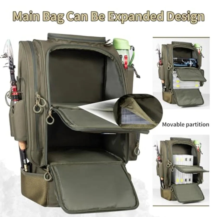 Large Fishing Backpack with Cooler for 3 Tackle Boxes - Fishing Bag with Rod Holders for Camping and Hiking