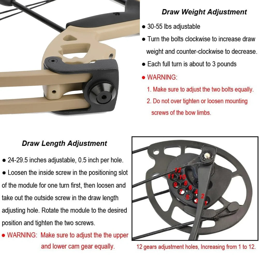 Compound Bow Set 30-55lbs Adjustable Draw Weight 70% Let-off 310FPS High-Strength Alloy Riser Right/Left Hand for Archery Hunting Shooting Target Practice Outdoor Sports Accessories
