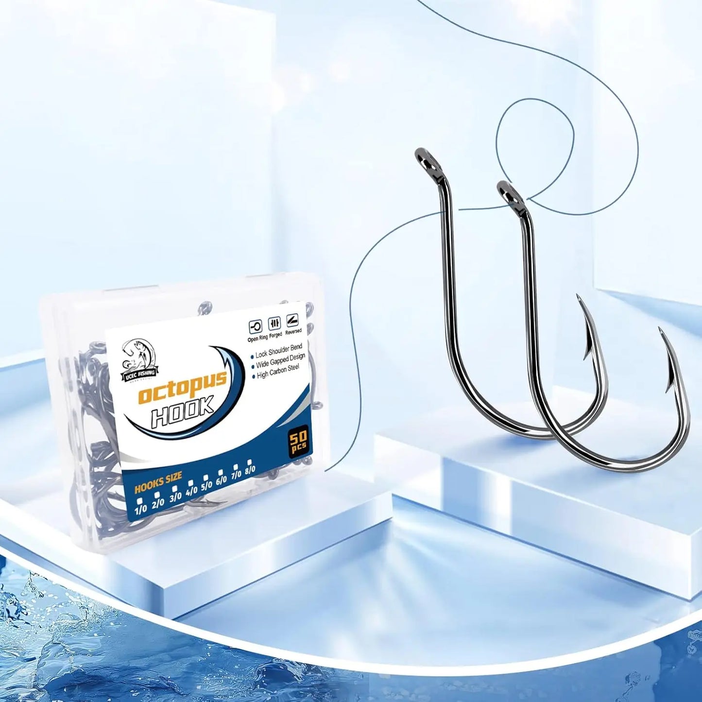 Octopus Fishing Hooks, High Carbon Steel, Offset Circle, for Saltwater Freshwater, Size 1/0-5/0, 50pcs