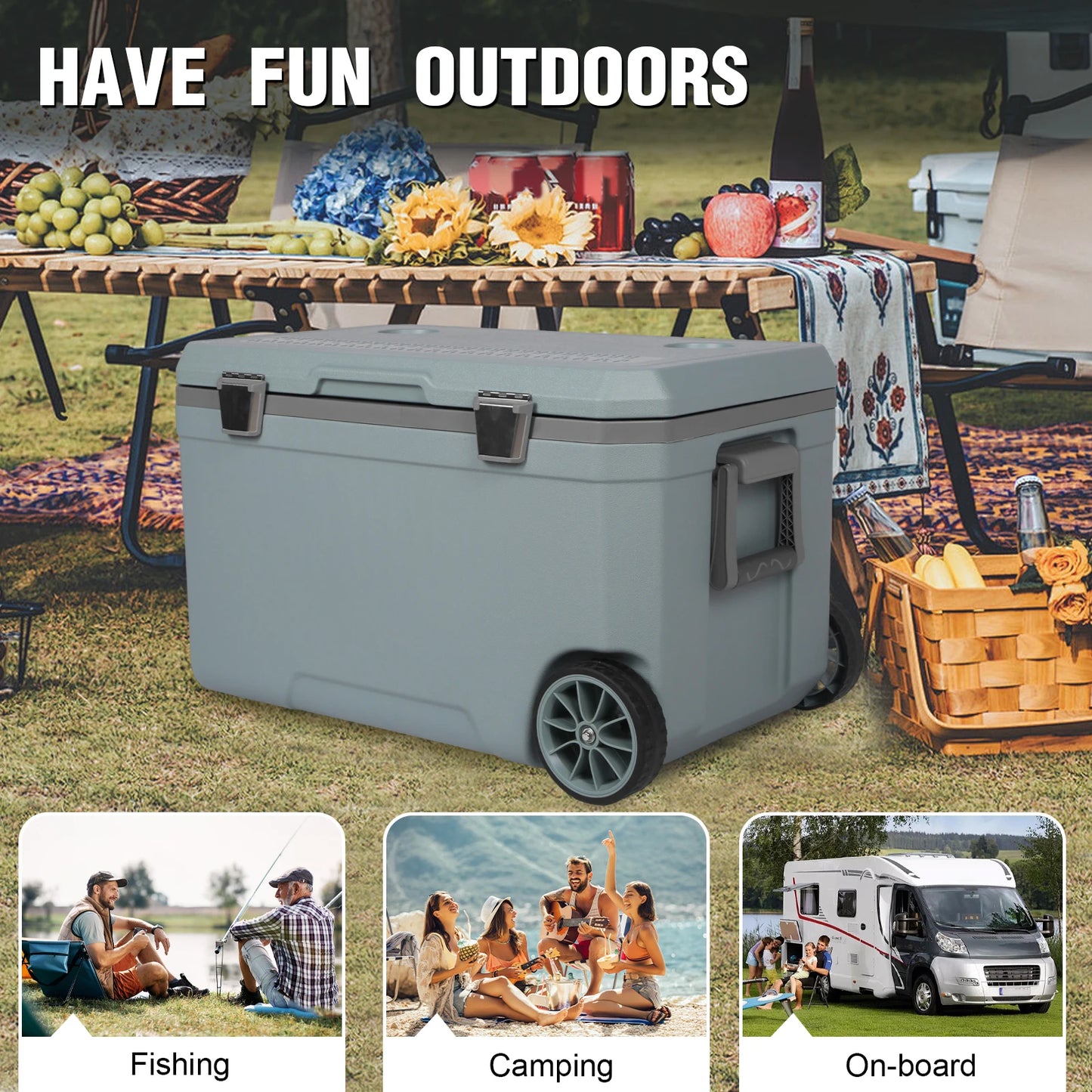 70L Outdoor Camping Vehicle Insulated Box Hard Shell Portable Car Wheel Insulator Plastic Cooler Box with Handle for BBQ Camping