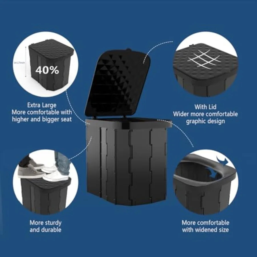 XL Portable Folding Camping Toilet - Travel Potty for Adults, 12 Toilet Bags, 12 Pack Liquid Waste Gel