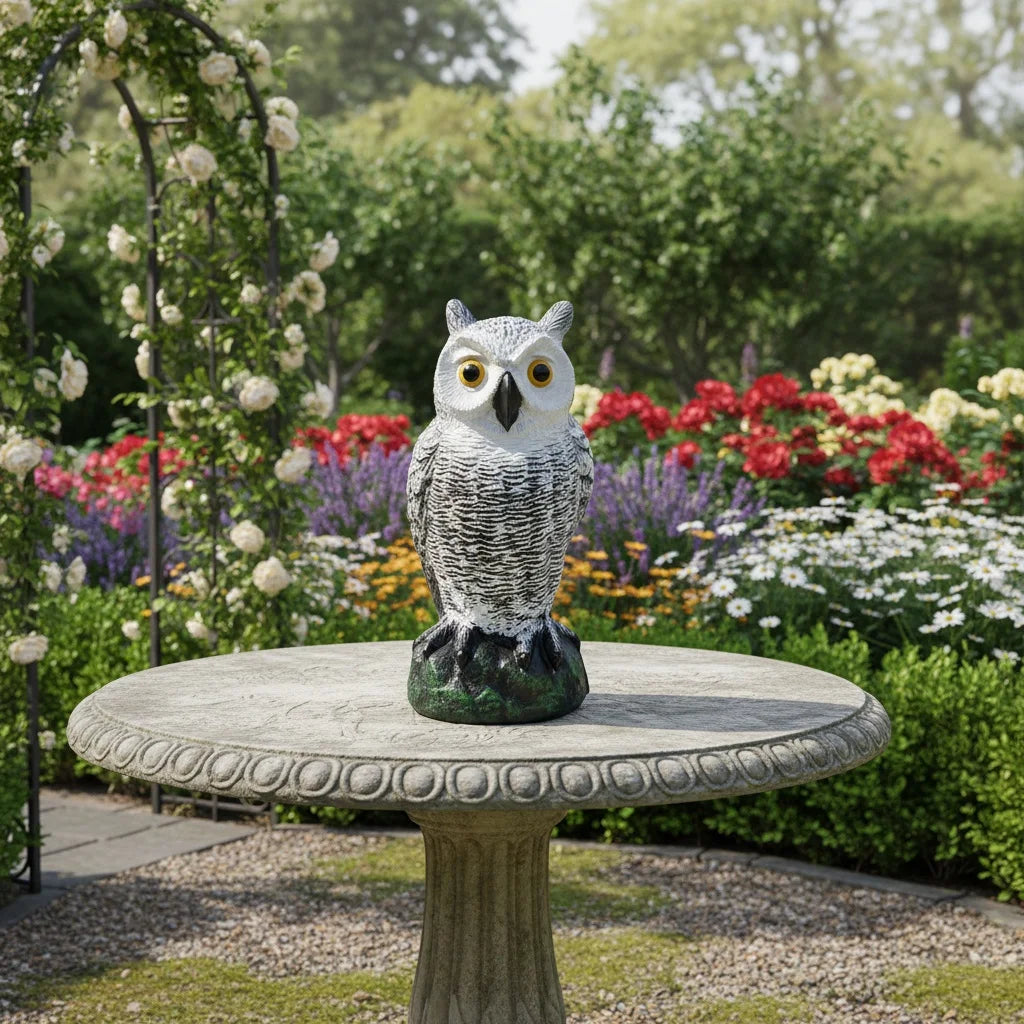 15.7" Garden Owl Statue Owl Decoys for Outdoor Garden Yard Plastic Owl Figurine Eyes to Scare Birds Away for Patio Lawn Ornament