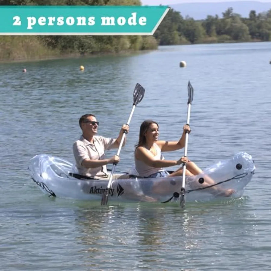 Clear Kayak for Two Adults - Transparent Inflatable Tandem with Adjustable Seats, Pump, Paddles, Carry Bag Tracking Fin - See-T