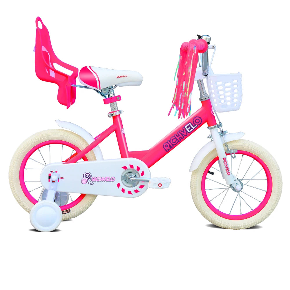 Kids Bike for Girls 12 14 16 Inch with Training Wheels, Adjustable Seat, Front Basket, Doll Seat & Colorful Streamers, Toddler Bicycle for 2-7 Years Old, Red Kids' Bikes for Birthday Gift