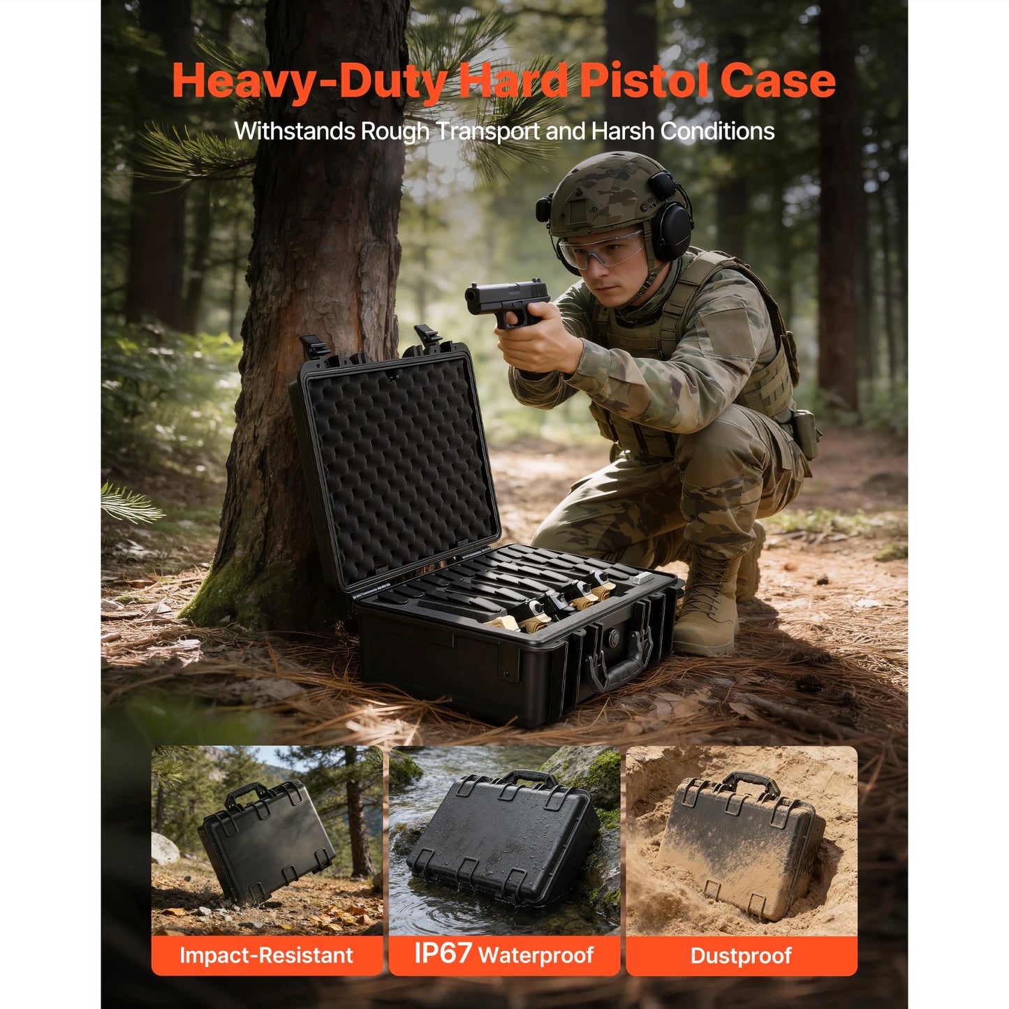 Hard Pistol Case Hard Gun Case with XPE Foam Lining Waterproof Pistol Box with Customizable Interior for Gun Lenses