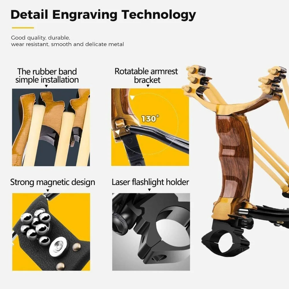 High Precision Outdoor Slingshot Set Alloy Wooden Handle Brown with 3 Rubber Bands 100 Beads Bracket Wrench Protective Gear