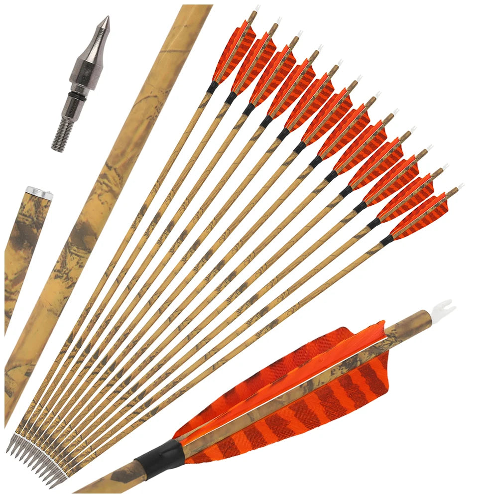12PCS 30inch Archery Carbon Arrows 4" Natural Feather 500 Spine Removable Tips for Compound Recurve Bow Hunting Target