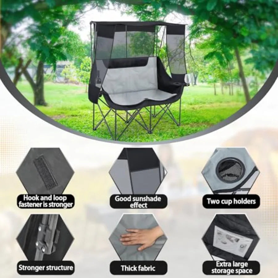 Double Camping Chair with Canopy Shade 660lbs Heavy Duty Beach Chair Portable Folding 2 Person Camping Loveseat with Cup Holder