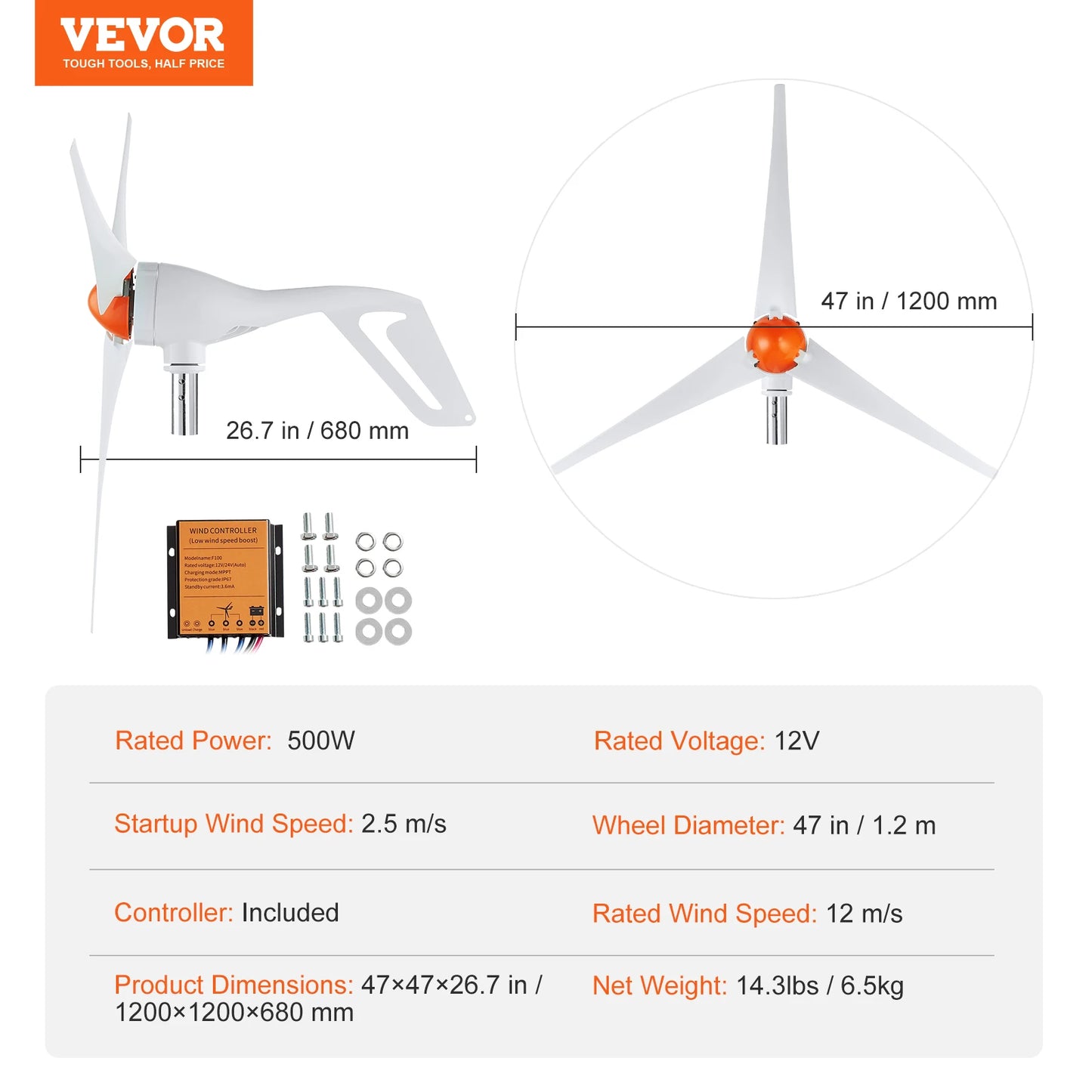 Wind Turbine Generator 12V 500W/800W Wind Turbine Wind Power Generator with MPPT Controller Suitable for Home Farm RVs