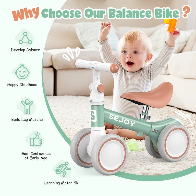 SEJOY Baby Balance Bike, 4-Wheel Ride-On Toy for Ages 12-36 Months – First Bike & Toddler Bike for 1 Year Old Boys & Girls, First Birthday Gift