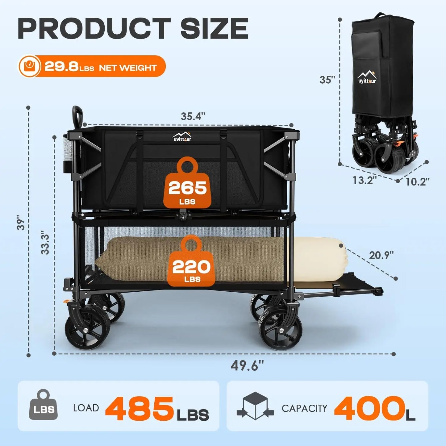 Foldable 50''L Extra Long Double Decker Wagon for Sport 400L Collapsible Heavy Duty Wagon Cart with Big Wheels Utility All-Terra