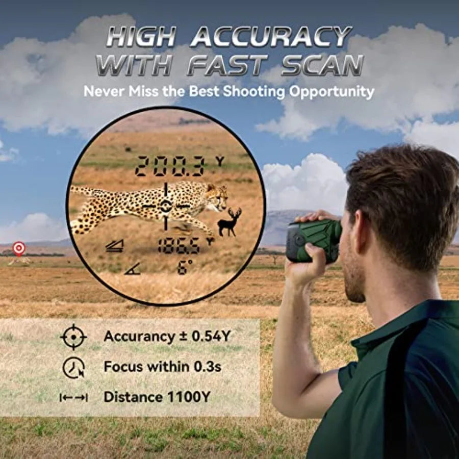 PFSH 1100 Yards Hunting/Golf Rangefinder with Slope Switch 7.5 Large View Angle Hunt Range Finder Supports Rain and Fog Mode He