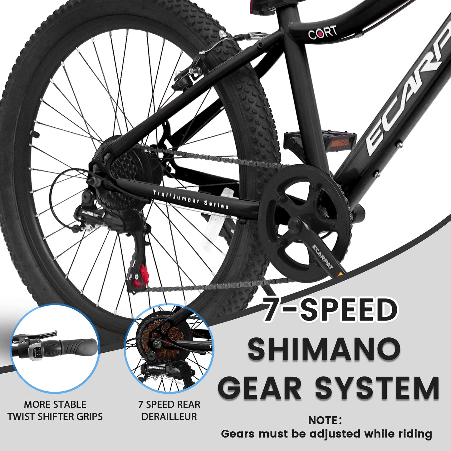 24 Inch Kids' Mountain Bike, 7 Speed Mountain Bicycle with Front Suspension, Front Disc Brake and Rear V-Brake, Carbon Steel Frame Outdoor Cycling City Bike for Teenager Boys Girls Gifts