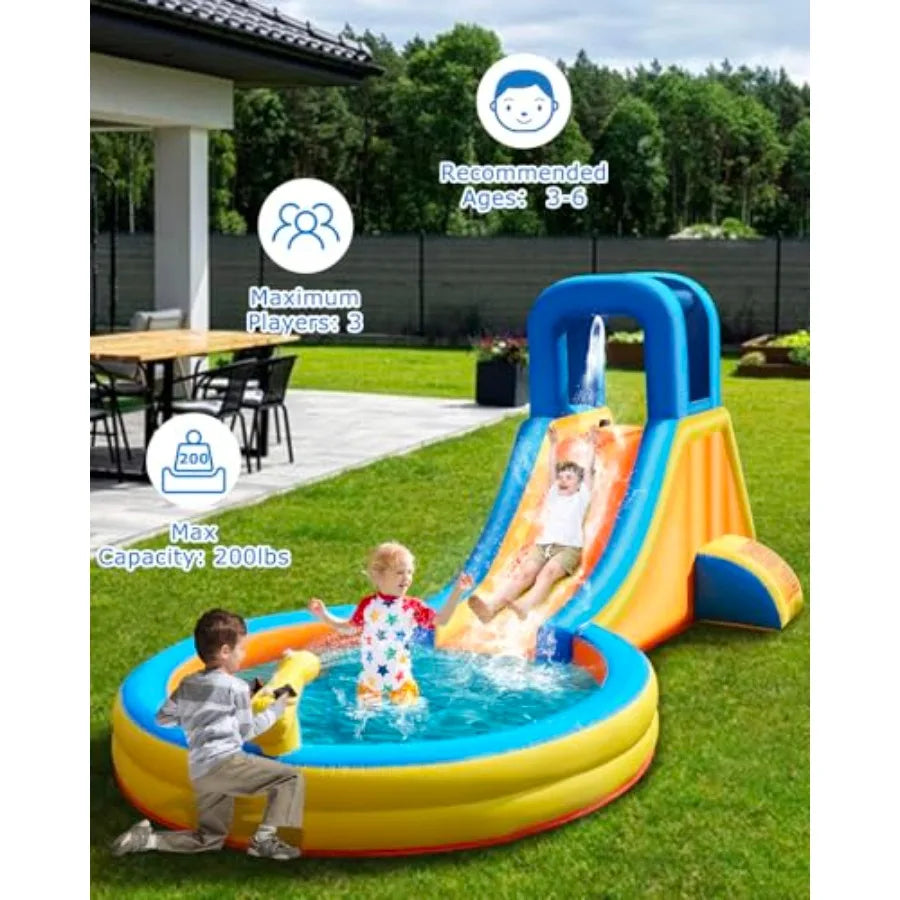 Iatable Water Slide for 5-in-1 Blow Up Bounce House with Long Slide, Climbing Wall, Splash Pool, Water Cannon, Spray Water Spou
