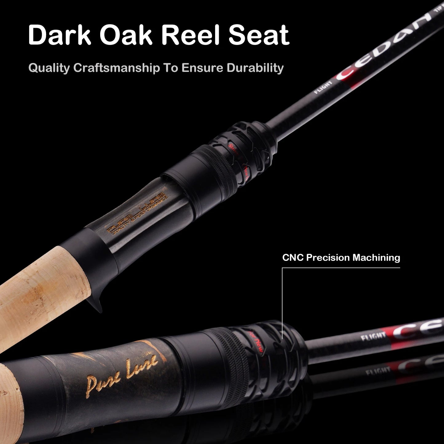 PURELURE Flight CEDAN 5'9''-6'10'' Bass Rod Spinning & Baitcasting 2 pcs 40T+36T Carbon Fiber Progressive Action Fishing Rod L to M Power Solid Tip Dark Oak Reel Seat FUJI Alconite/SIC Guides