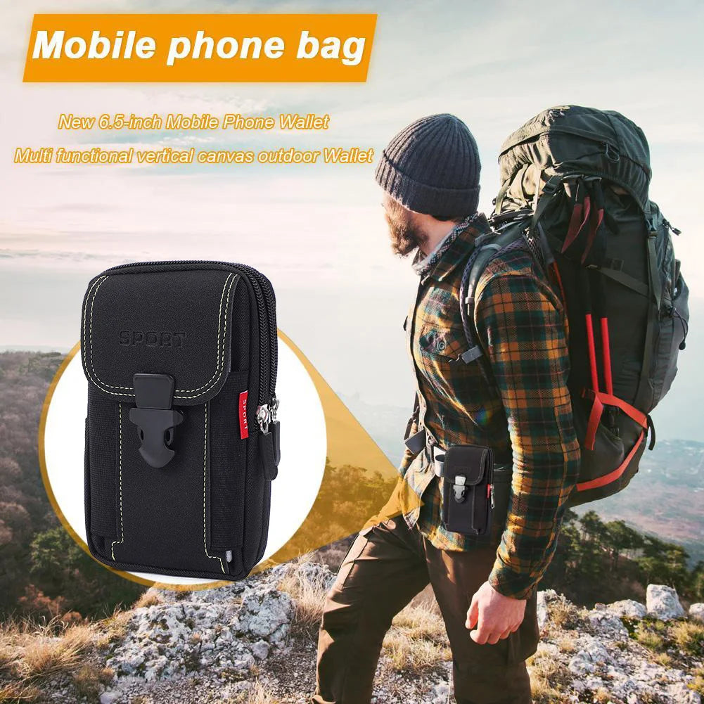 Multi-zipper Men Canvas Waist Belt Bum Bag Running Pouch Travel Camping Bags Casual Portable Mobile Phone Pouches